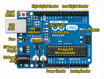 Major components and interfaces of the Arduino UNO board