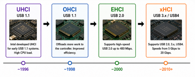 Evolution of USB host controller interfaces from UHCI to xHCI.