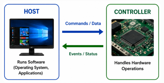 Host and controller communication through HCI commands, events, and data exchange.